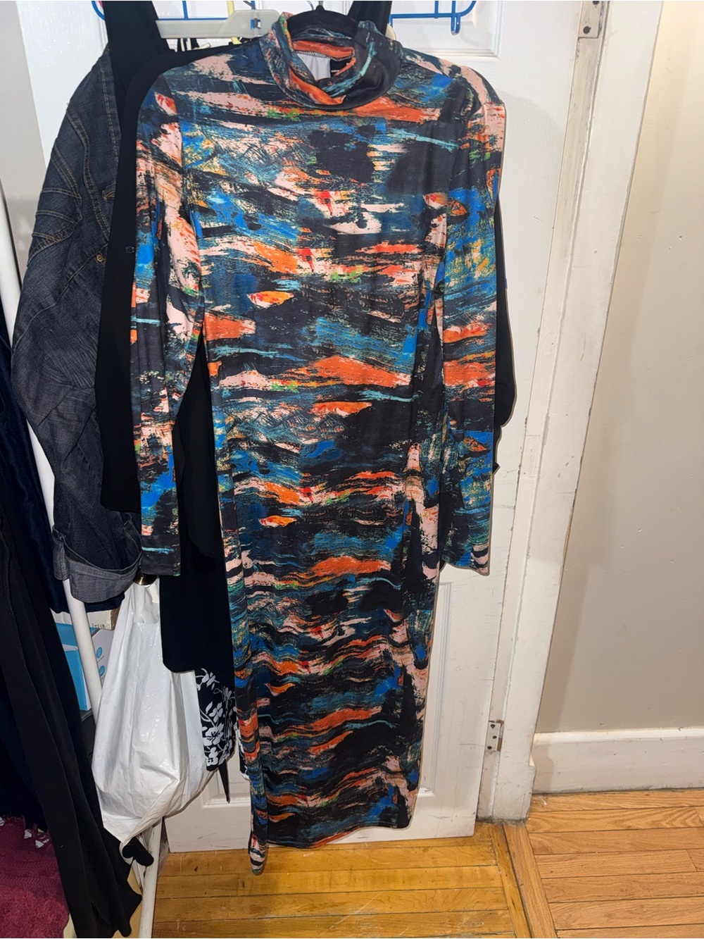 SHEIN Black Multi Abstract Print Long Sleeve Turtleneck Dress
